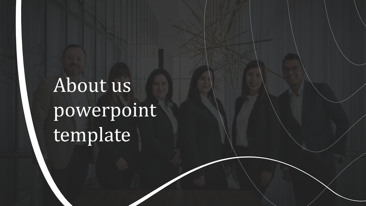 Professional group portrait of a business team with a modern office background in an About Us PowerPoint template.