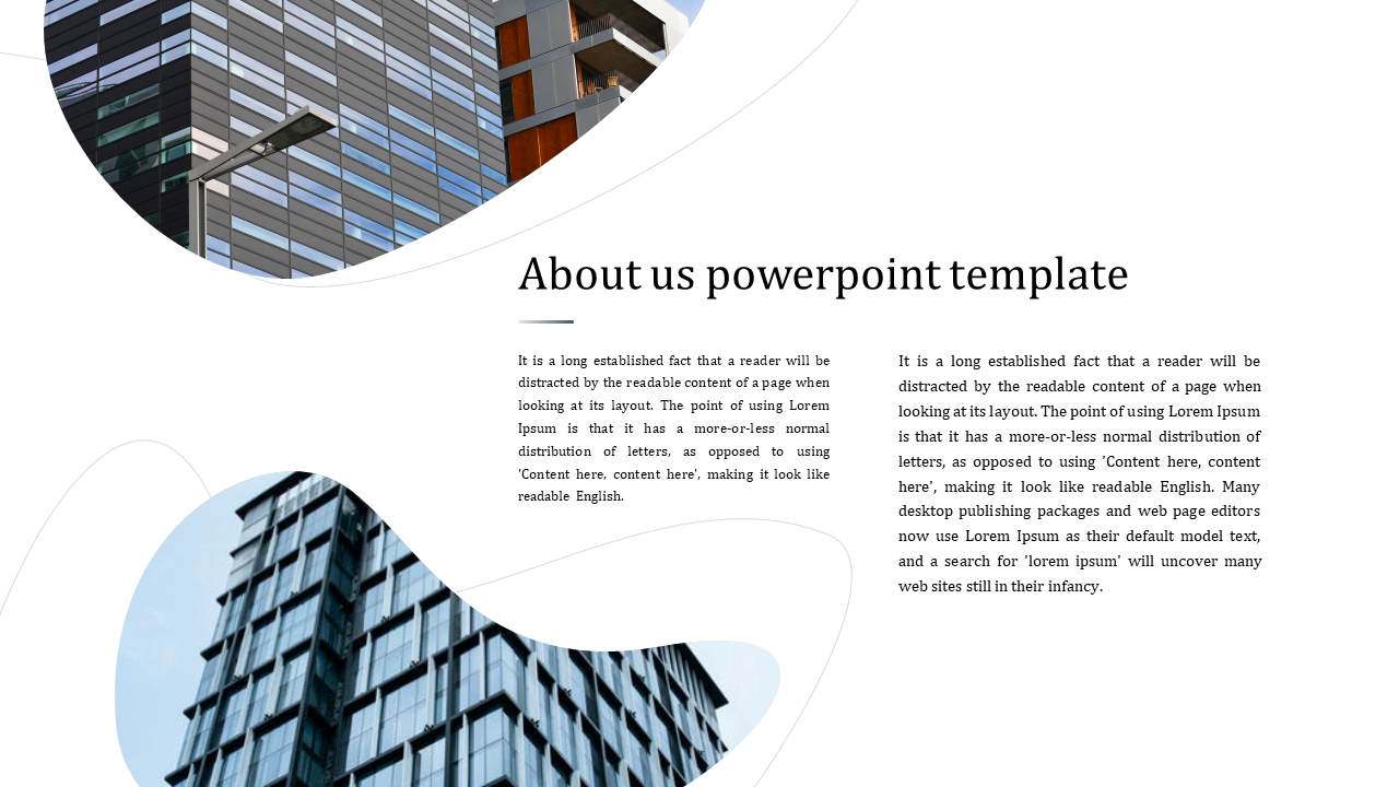 Business building image with modern glass architecture featured in an About Us PowerPoint template.