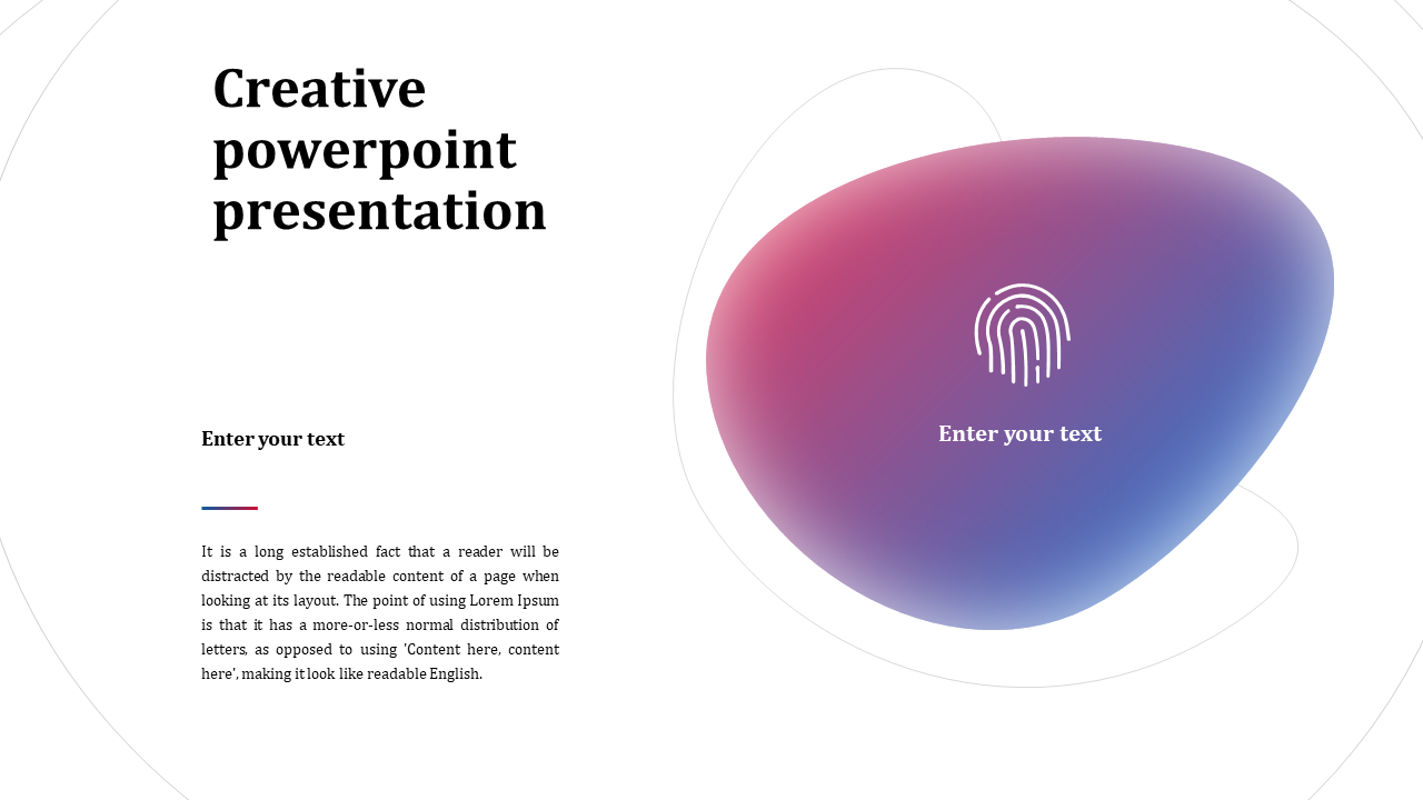 Slide featuring a fluid abstract shape in blue and pink gradient, with a fingerprint icon and text, on a white background.