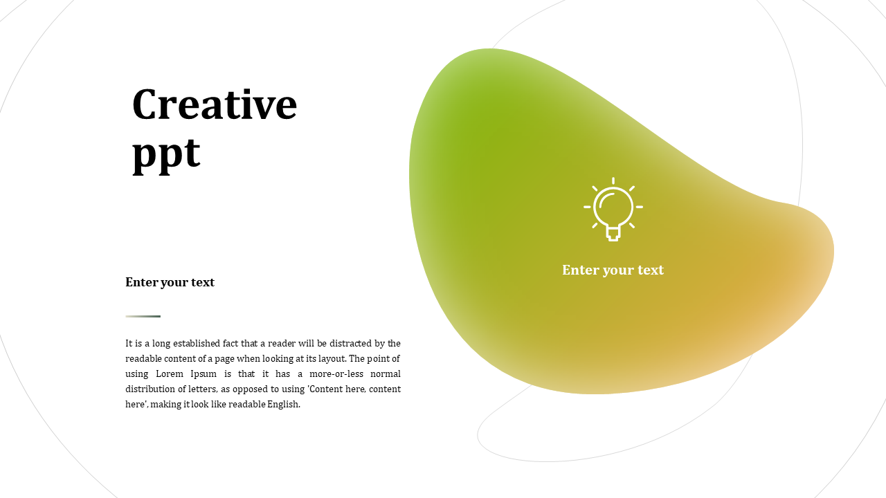 Creative PowerPoint template with abstract design and space for entering text, featuring an icon of a lightbulb.