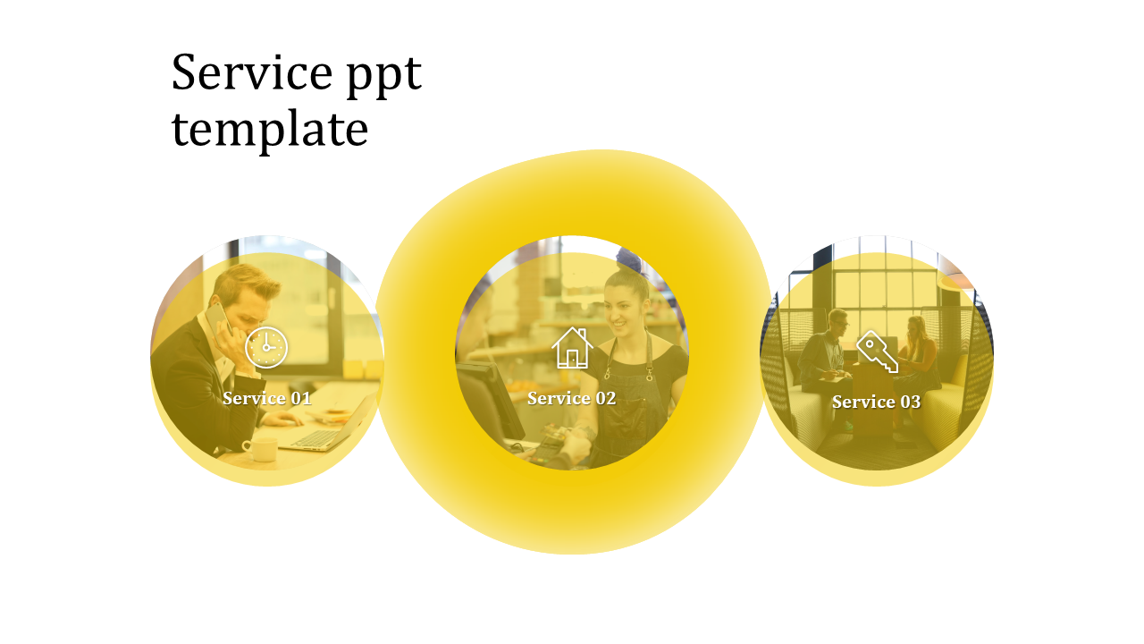 Template featuring three circular images with yellow overlays, and white icons representing different services.
