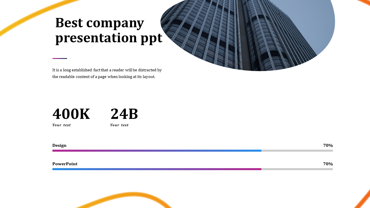 Company slide with a curved skyscraper image, statistics, progress bars for design and PowerPoint, and abstract accents.