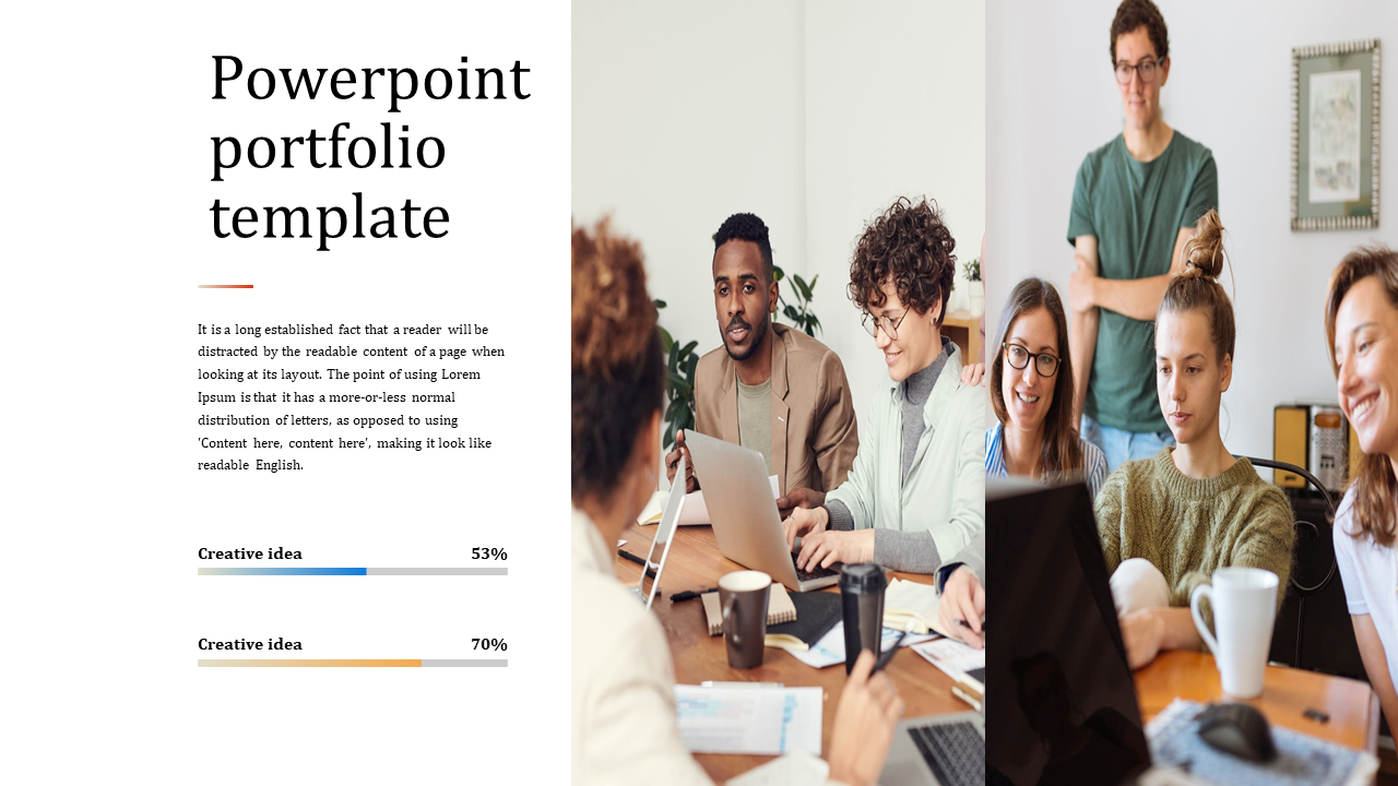 Portfolio template with a left aligned text section and two progress bars, with collaborative team images on the right.