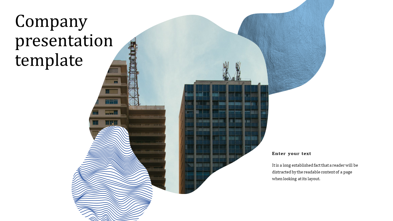 Company presentation template featuring an image of a building with blue abstract design elements.
