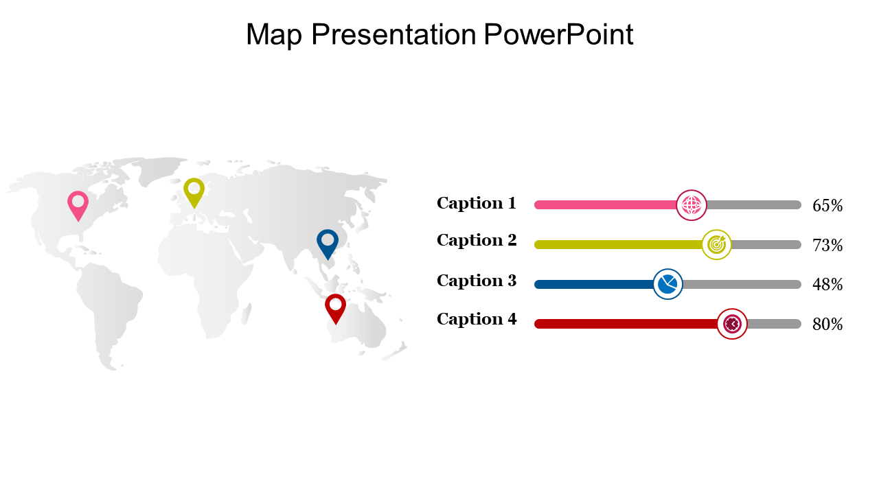 World map with colorful location markers and progress bars in pink, yellow, blue, and red showing percentage values.