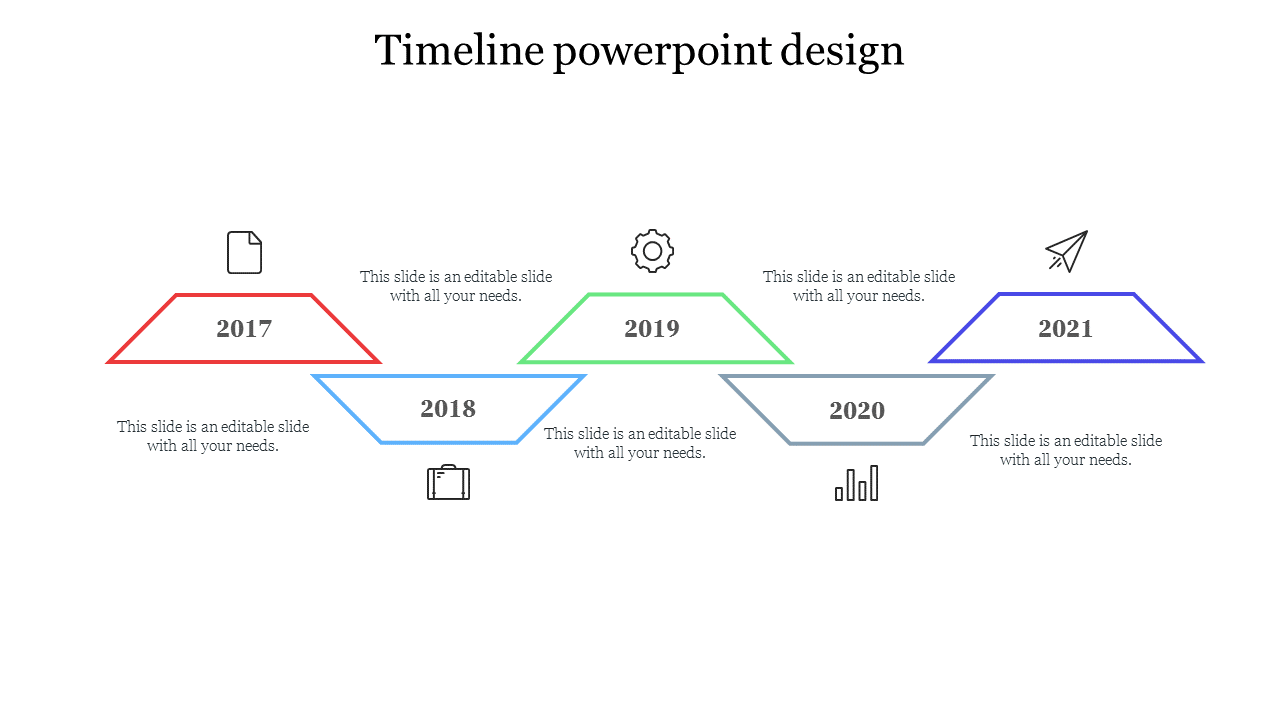 Timeline PPT slide design featuring labeled years from 2017 to 2021 with icons representing different themes for each year.