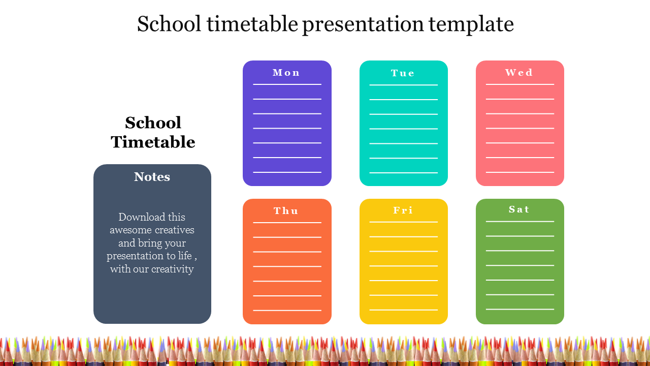 PowerPoint template showing a colorful school timetable with sections for each day of the week with placeholder text.