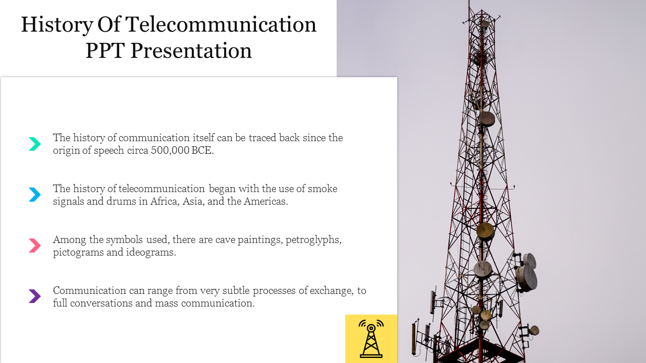 Visual of a telecommunication tower at the right and a caption area with colored arrows.