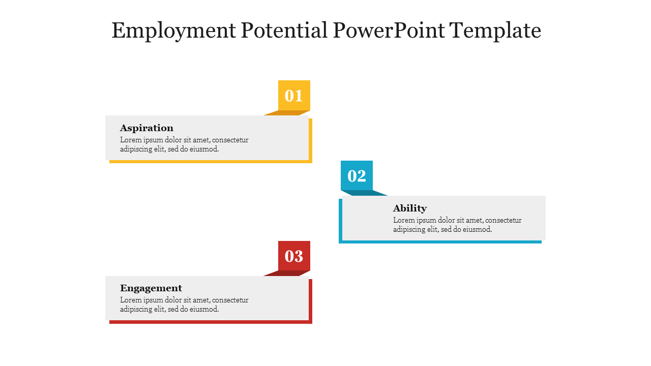 Slide with three colored blocks in yellow, blue, and red, with numbered labels, aligned for employment potential structure.