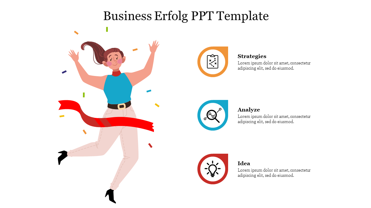 Business erfolg slide with a woman illustration with a red ribbon, surrounded by confetti, and three colored icons with text.