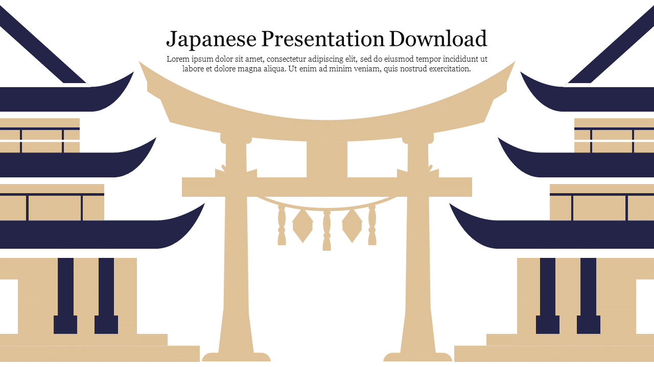 Japanese presentation template featuring traditional Japanese Torii gate and pagoda structures in minimalist design.