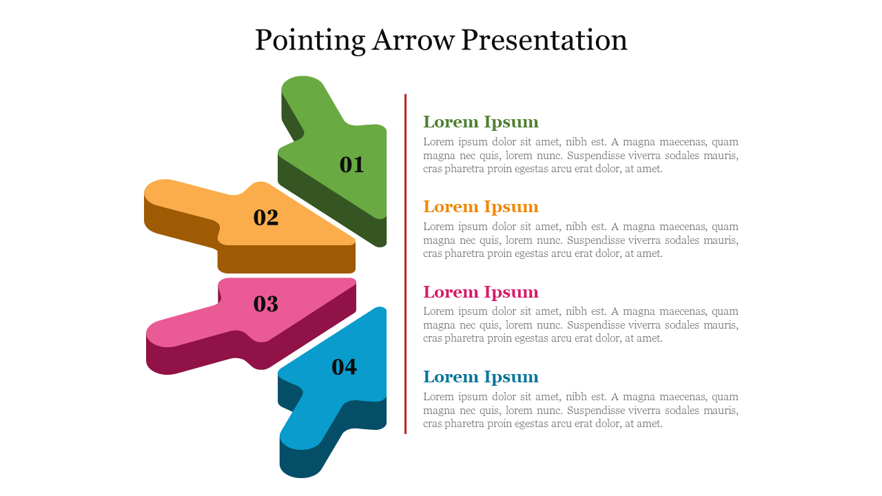3D pointing arrow diagram with four directional arrows and matching colored blocks on the right for stepwise information.