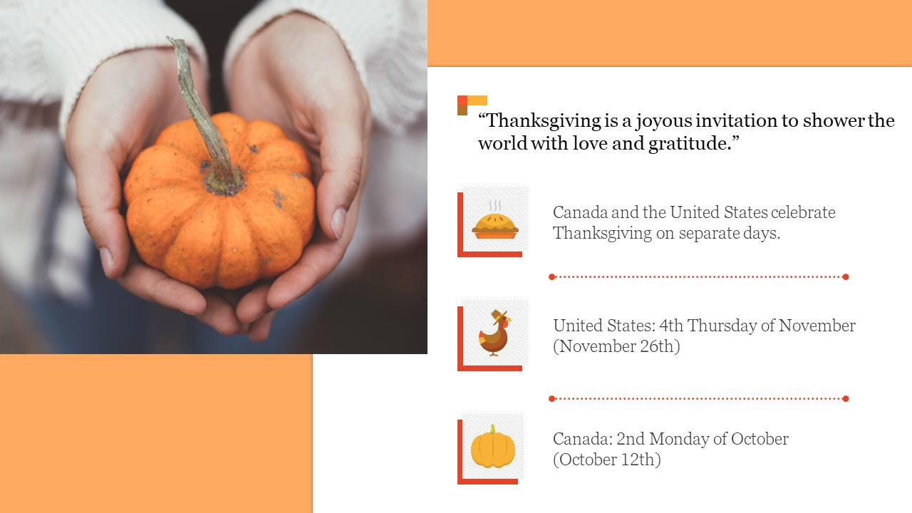 A pumpkin held in hands against a soft, blurred background with orange accents and three icons and text on the right.