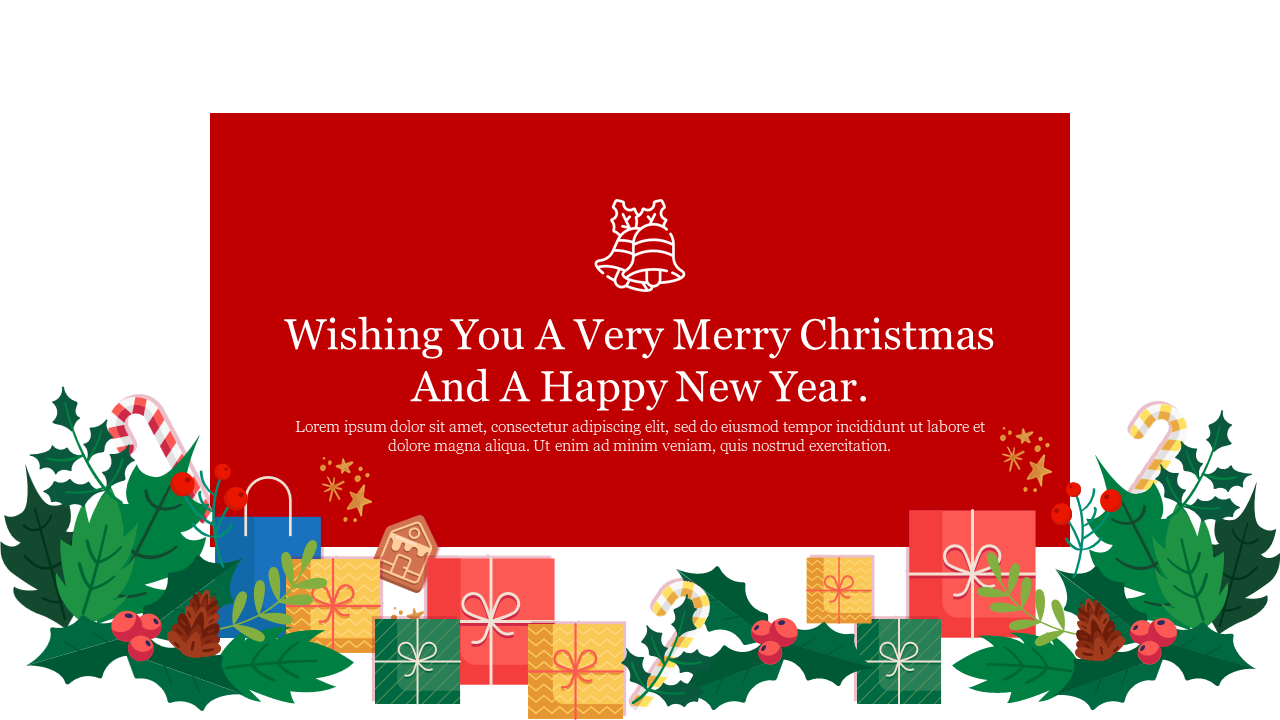A festive greeting card design featuring the message surrounded by Christmas gifts and holly.