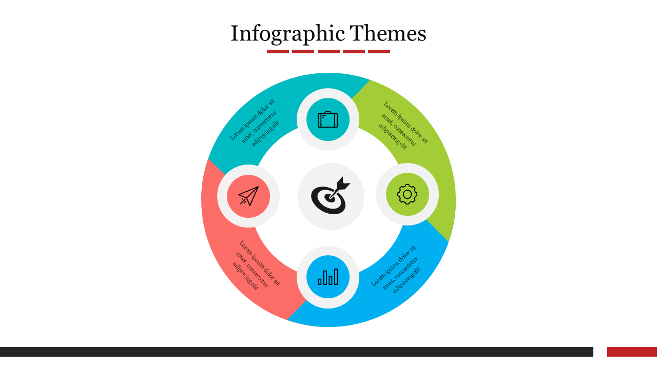 Colorful infographic PowerPoint slide with icons representing various topics, surrounded by text boxes for content.