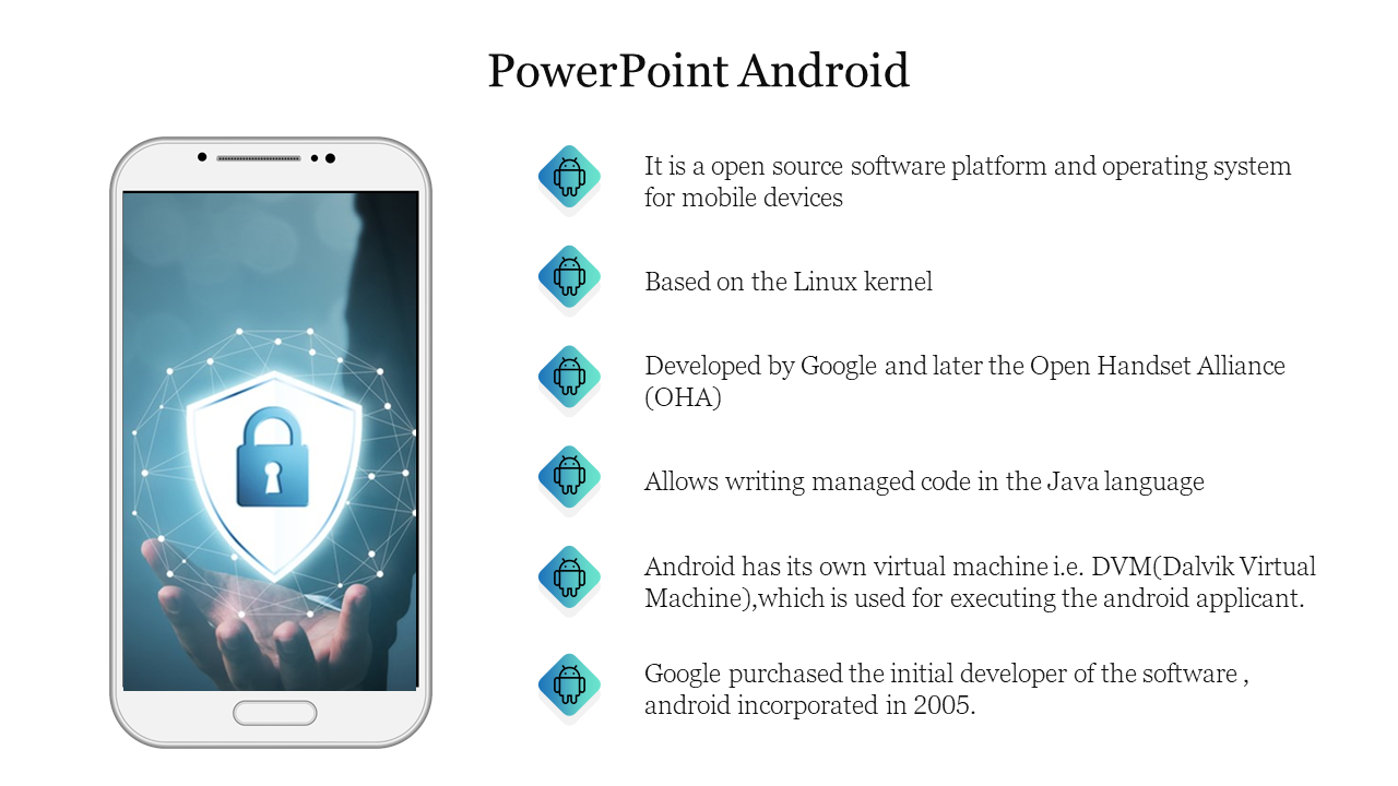 Smartphone image with a shield lock icon and bullet points explaining Android's platform characteristics.