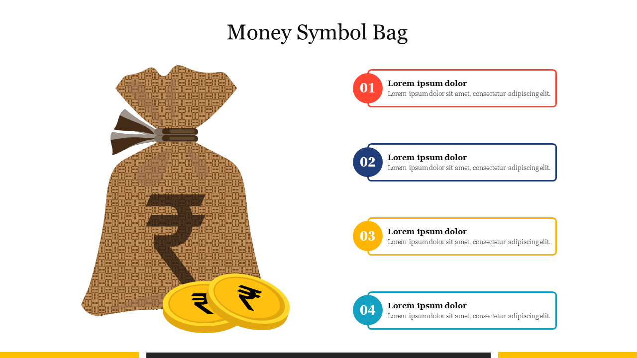 Money bag graphic with rupee symbol and coins on the left, four horizontal info boxes with circular numbers on the right.