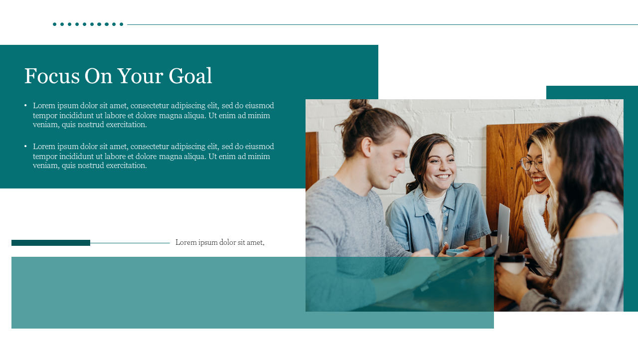 Right side image of coworkers in discussion teal content blocks with heading and points on teamwork goals on the left.