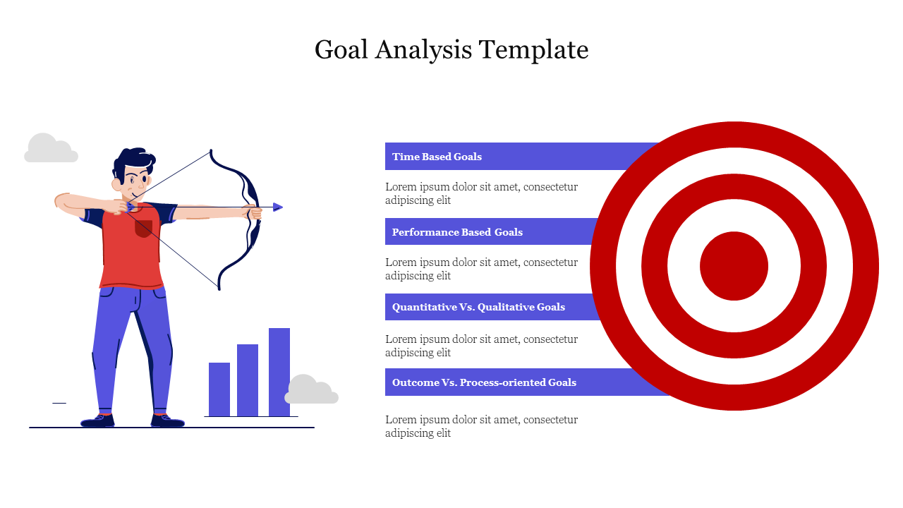 Goal analysis PowerPoint template with a person aiming a bow and arrow toward a target, alongside goal categories.