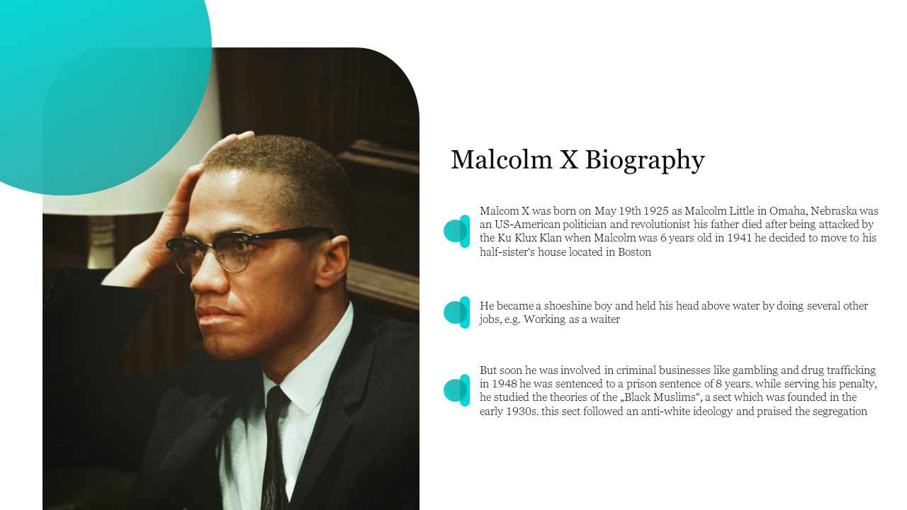 Effective Malcolm X Biography PowerPoint Template Slide 