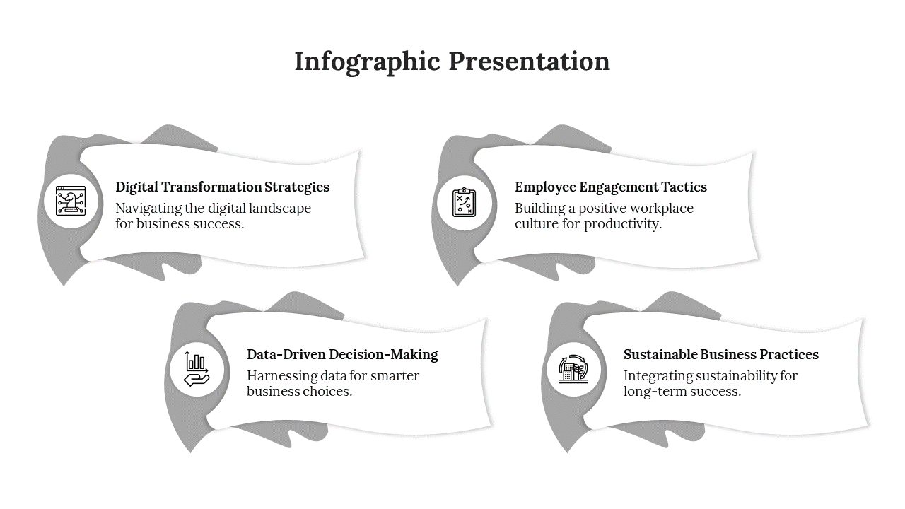 Gray-themed infographic slide featuring four business-focused elements in curved white banners with icons.