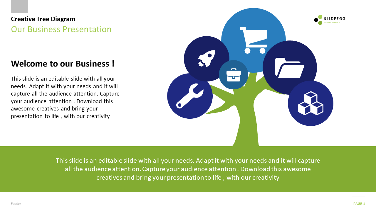 Creative tree diagram slide for business presentations with icons for tools, growth, and business elements in blue and green.