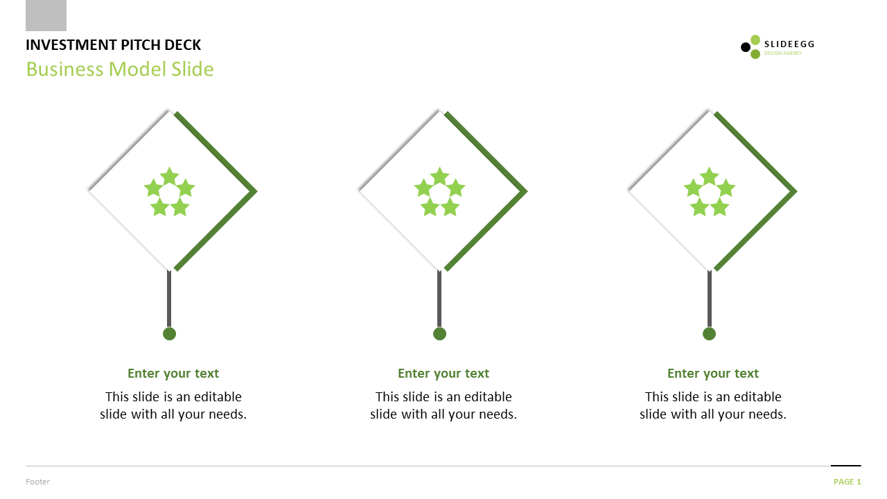 Business model slide featuring three diamond shaped icons with green highlights, and placeholder text on a white background.