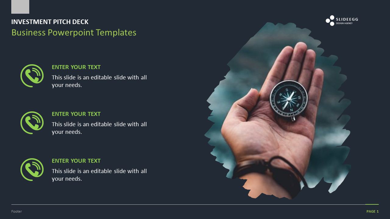 Business slide with a compass in a hand on a dark background, with three placeholders text areas and captions.