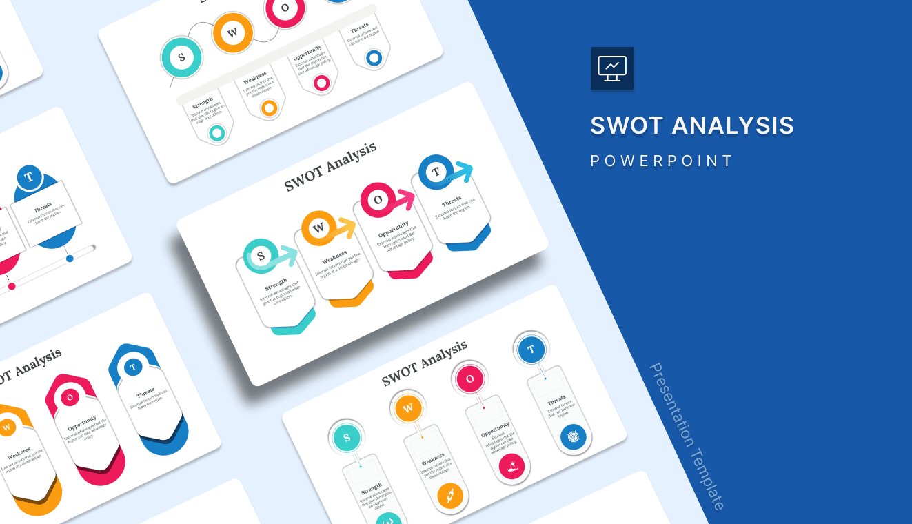 SWOT analysis template with multiple layout options in teal, orange, pink, and blue for PowerPoint and Google Slides