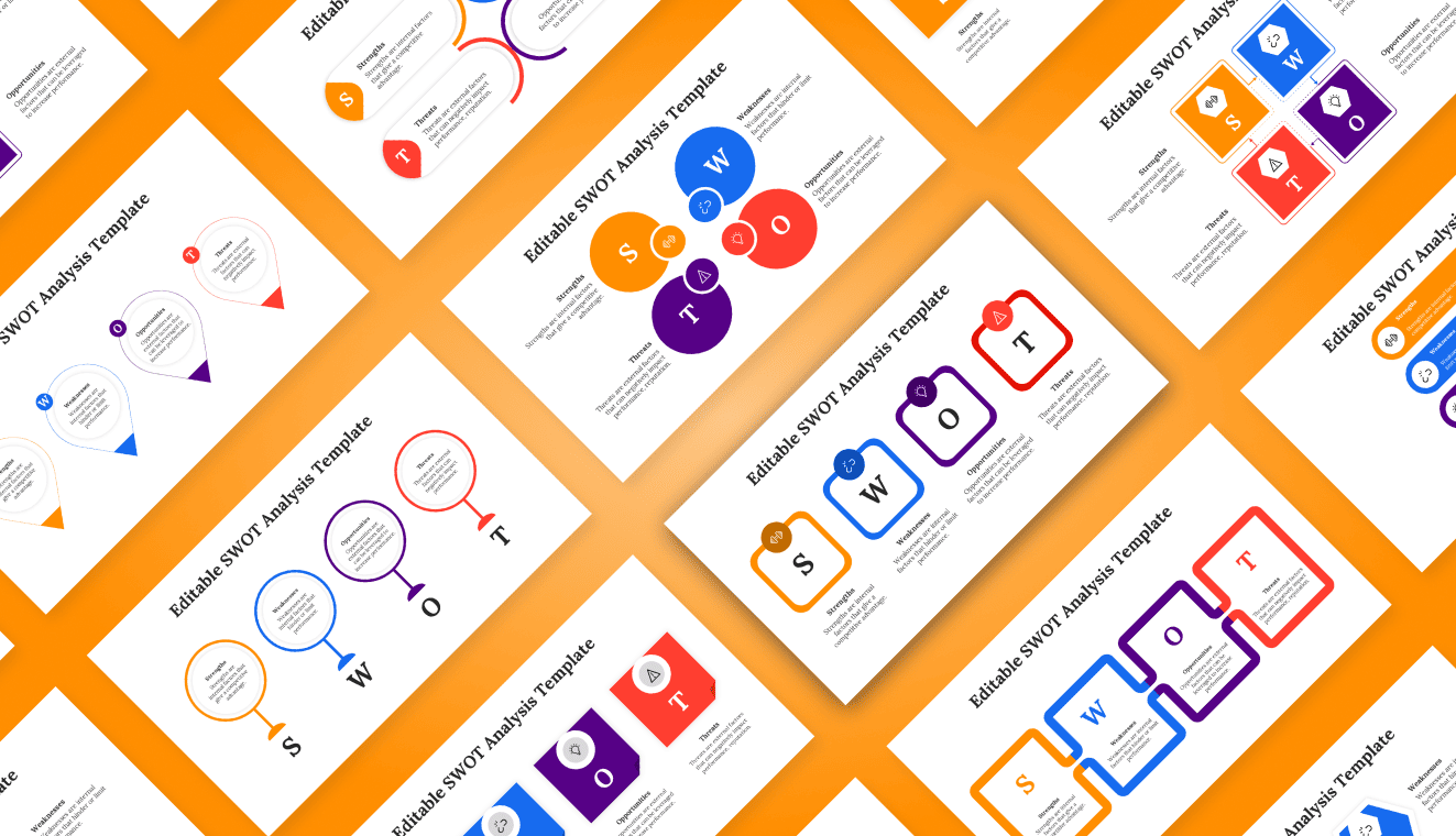 Editable SWOT analysis template slides with colorful S W O T layouts on orange background