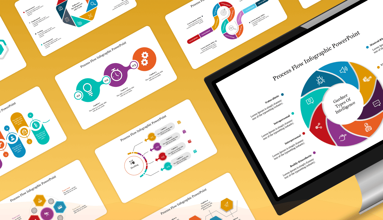 Process flow template with multiple diagram styles — linear arrows, circular loops, and numbered steps.