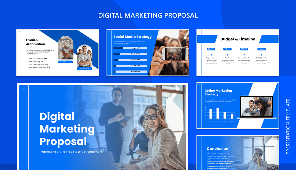 Digital Marketing Proposal slides showing strategies, budget, social media plan, and campaign visuals.