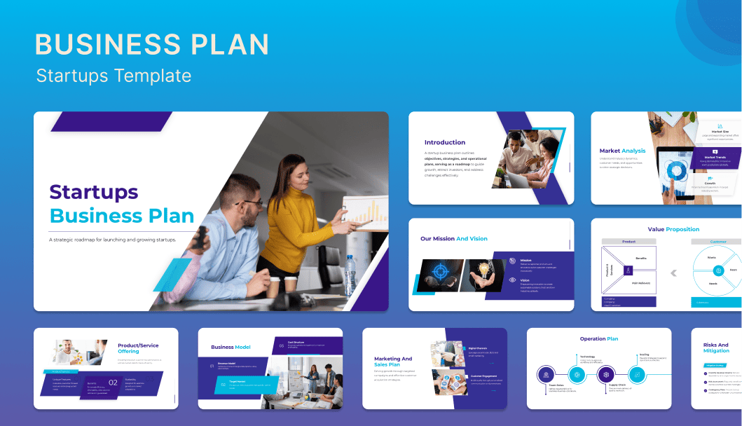Provide a clear, professional blueprint of your startup’s vision, strategy, and operational goals with this Startups Business Plan template. slide1