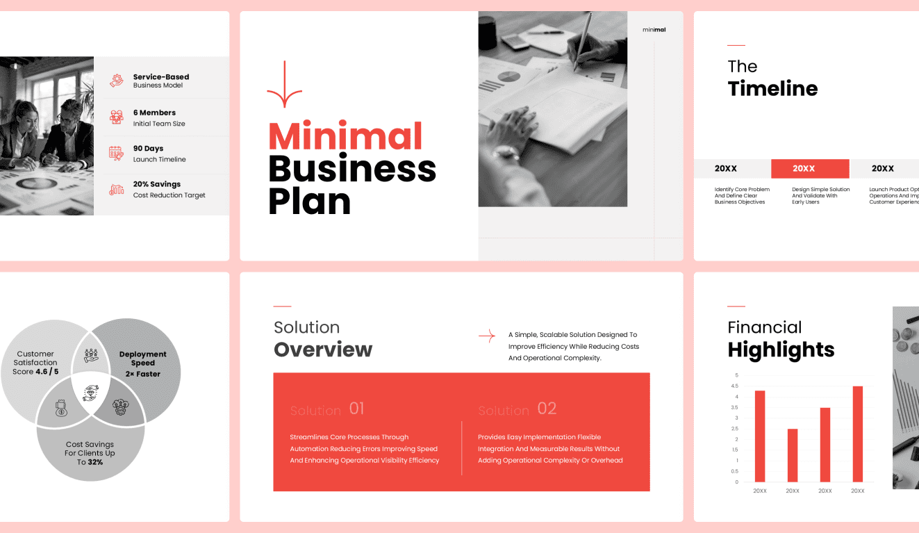 Craft a clean and focused strategy with the Minimalist Business Plan template designed for simplicity and clarity. slide1