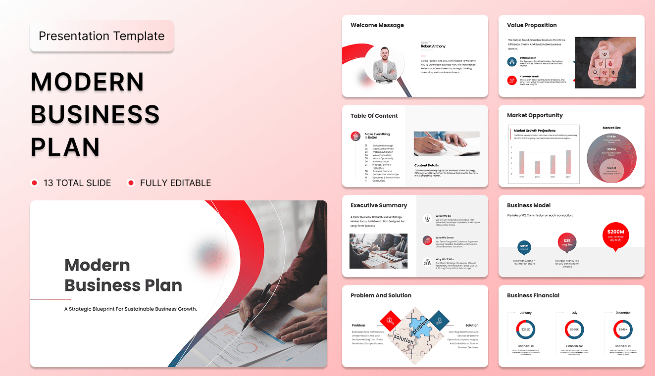 Structure your business goals and strategy with the Modern Business Plan template designed for clarity and impact. slide1