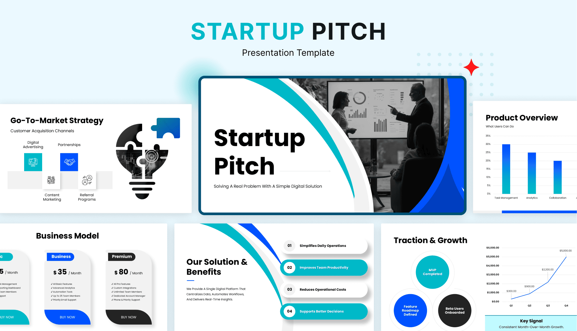 Startup pitch presentation template with strategy, business model, product, solution, and growth slides