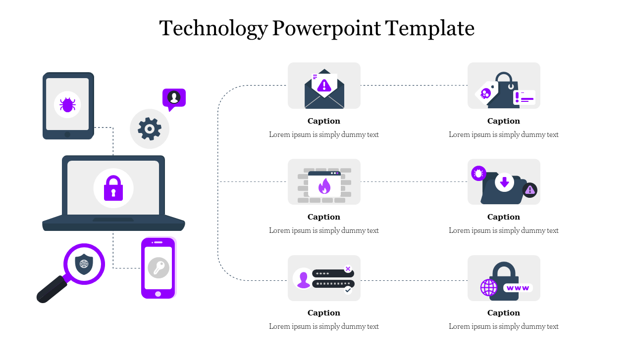 Technology PowerPoint template with purple accented security icons including a laptop, lock, magnifier, and captions.