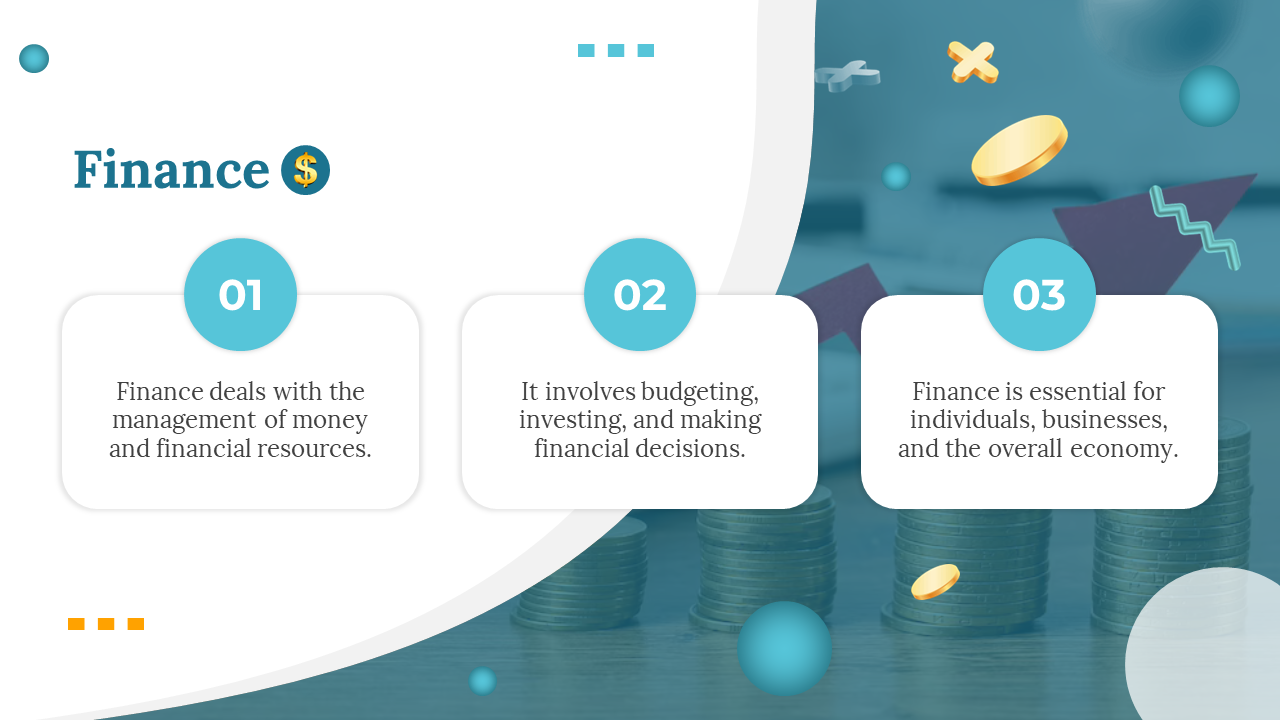 Finance-themed slide with three numbered sections, stacked coins in the background, and decorative financial icons.