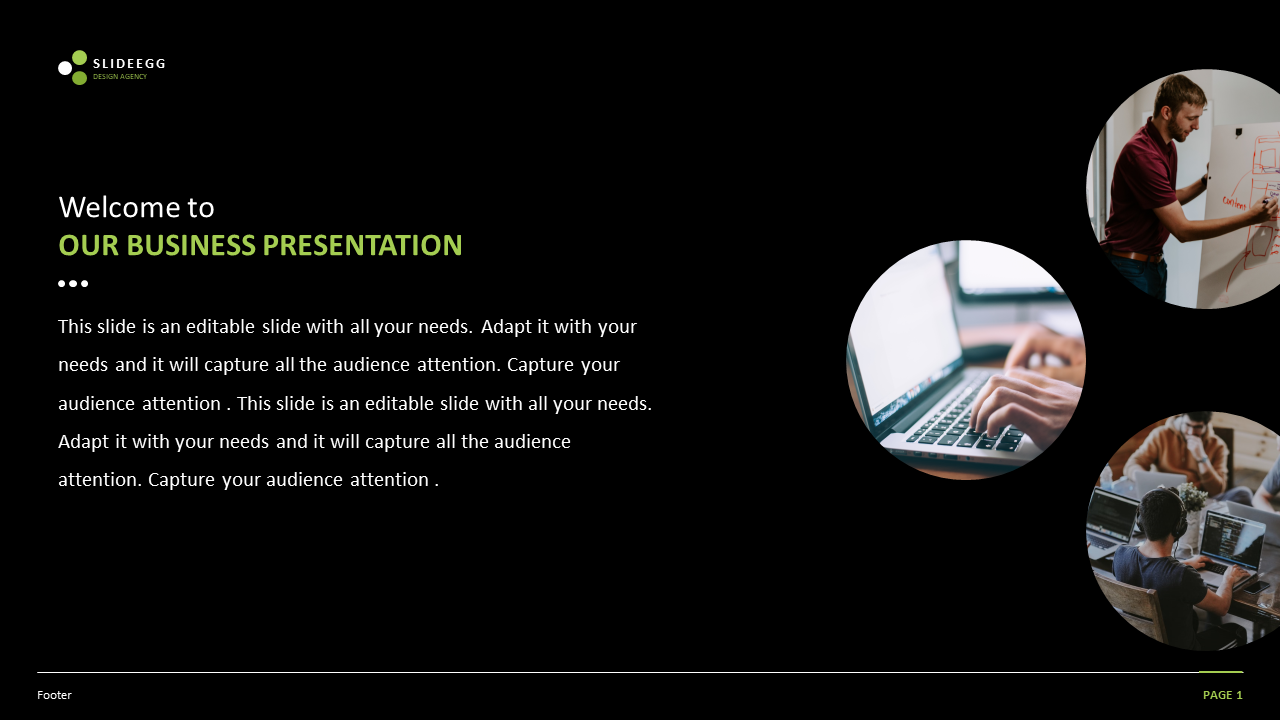 Business slide with a black background, featuring green highlighted text and three circular images depicting work scenarios.