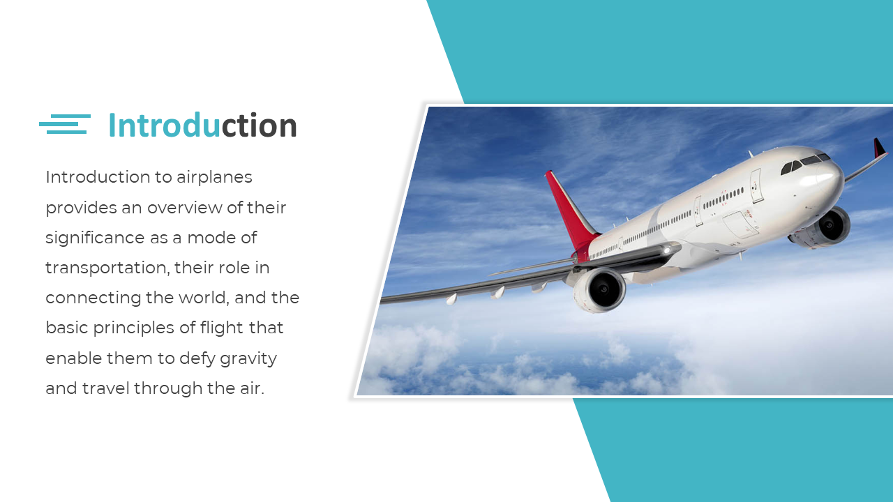 Blue themed slide with an image of an airplane flying above clouds and text introducing the principles of flight.