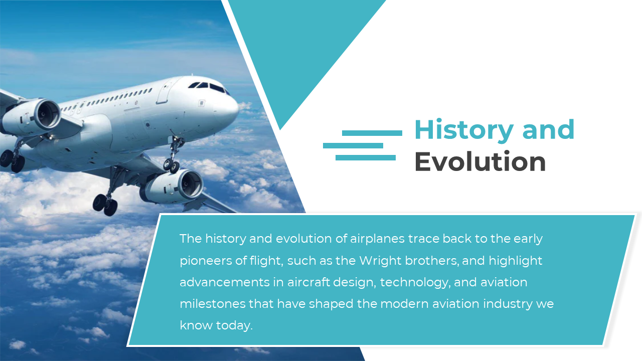 Slide showing a commercial airplane flying above clouds with teal text box about the history and evolution.