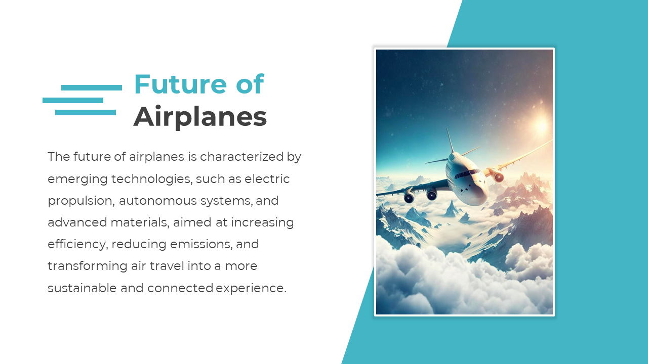 Slide with modern blue accents showing an airplane flying above the clouds, with text on the left white section.