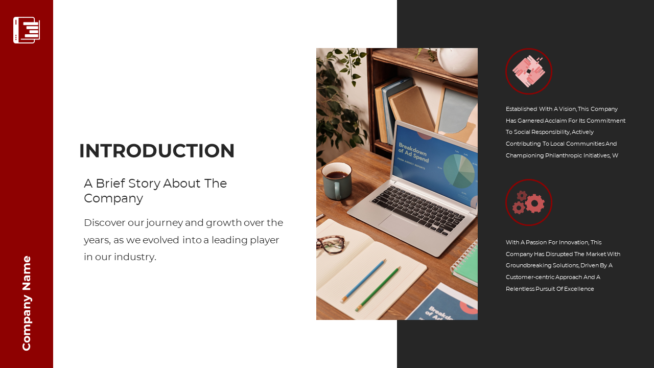Red and black layout with a company introduction on the left, a laptop photo with data, and two circular icons on the right.