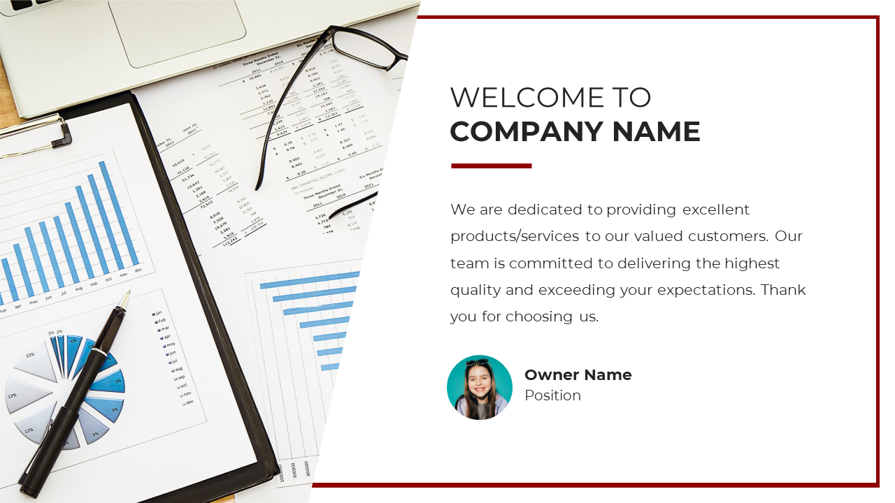 Welcome slide with a greeting and a photo of the owner, and financial data with charts and graphs on the left.