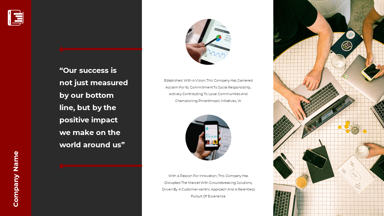  Three panel layout with text, two circular images, and team members discussing data, set against a red and black design.