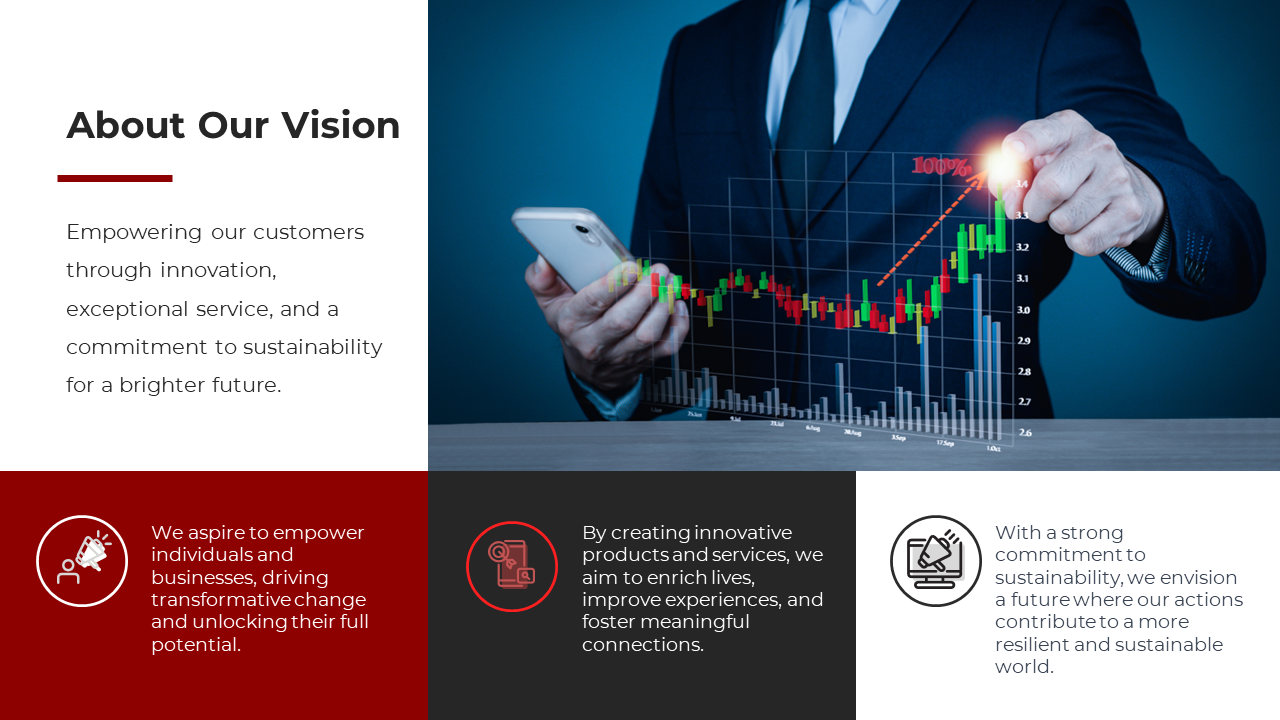 Businessman interacting with a digital chart on his phone, and three icons below, set in a red, black, and white layout.