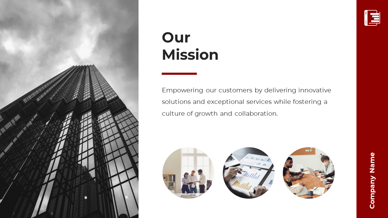 A skyscraper in grayscale with a company mission statement, featuring three circular images of teamwork and data analysis.