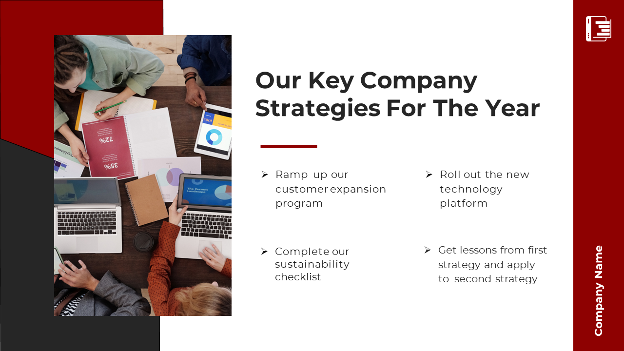 Flat lay view of a group working with laptops and documents, showcasing company strategies in red and white theme.