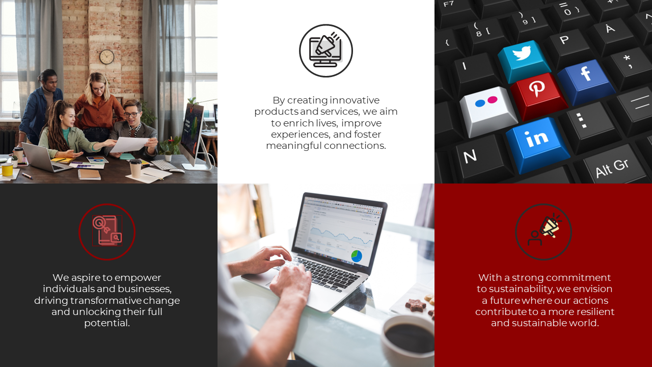 Slide with six panels containing photos of a team, a laptop, a keyboard with icons, and red, white, and black text box.