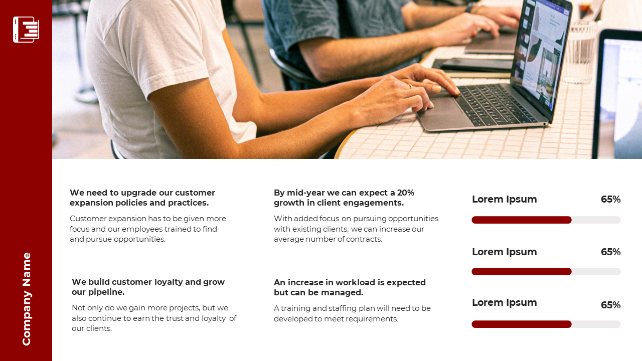 Slide with four key goals and tasks listed, threee red bar chart, and a photo of people working on laptops in the background.